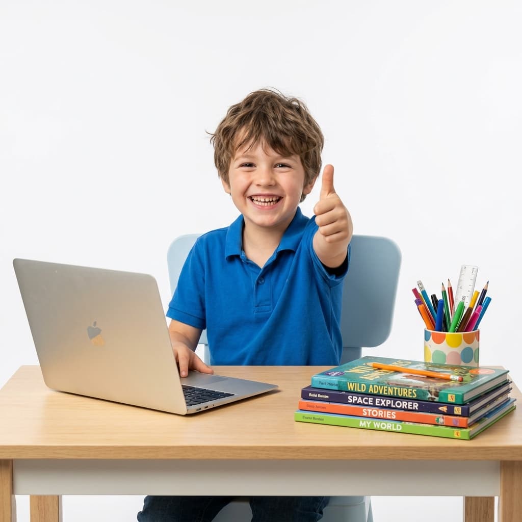Smiling boy studying at desk